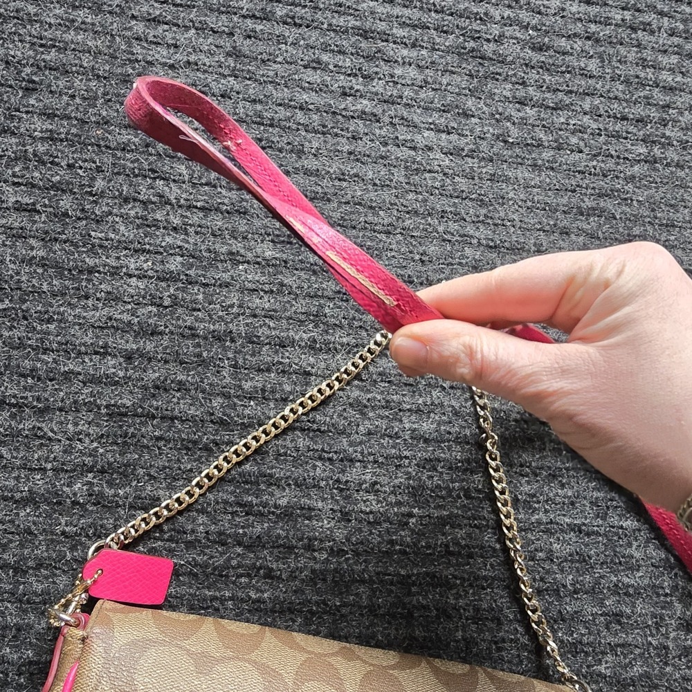 Coach Mini Ruby Chain Shoulder Pink Trim Brown Signature Leather Canvas Turnlock - Picture 7 of 12